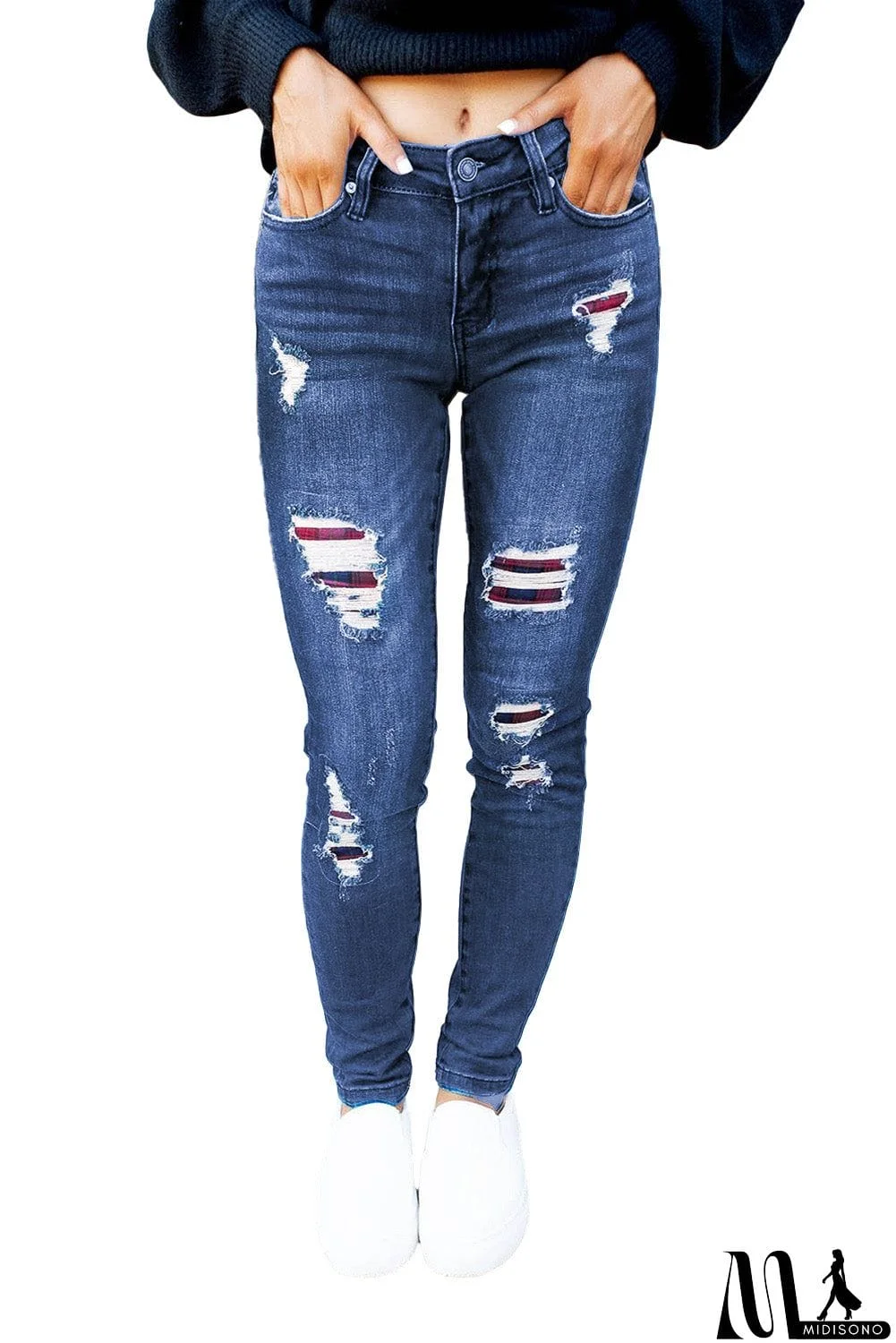 MidiSono - Dark Wash Mid Rise Distressed Plaid Patch Skinny Jeans