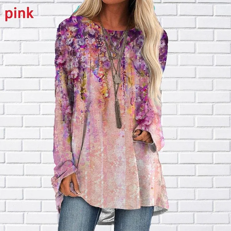 Pink Floral Art Painting Printed Loose Long Sleeve T-shirt Top