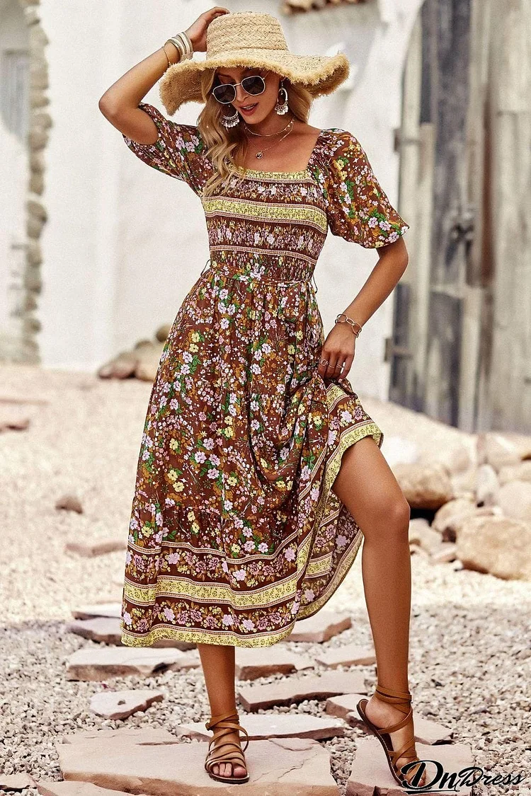 Bohemian Square Neck Short Sleeve Midi Dress