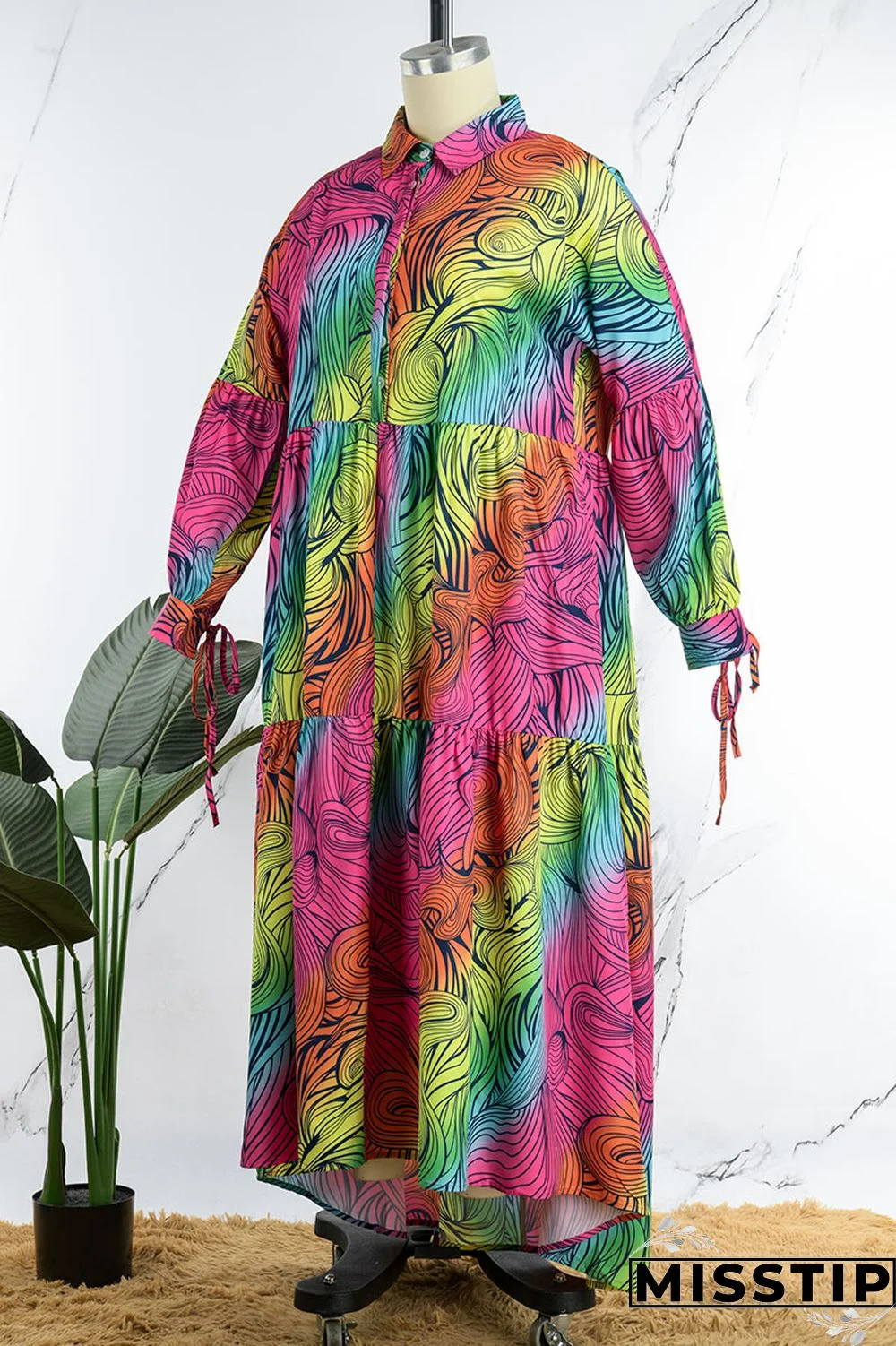 Cyan Casual Print Patchwork Buckle Fold Turndown Collar Long Dress Plus Size Dresses