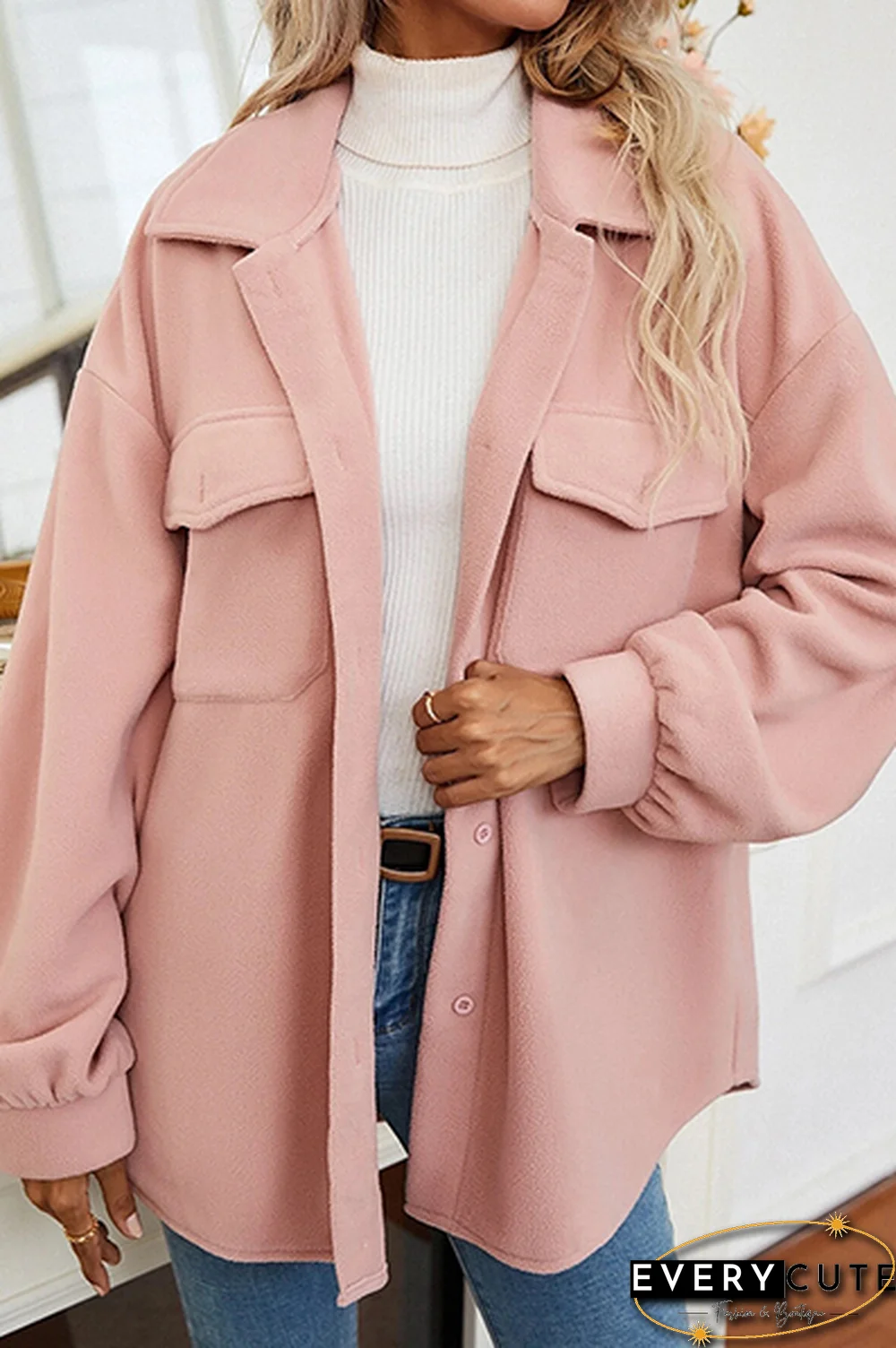 Elegant Solid Pocket Buckle Turndown Collar Outerwear