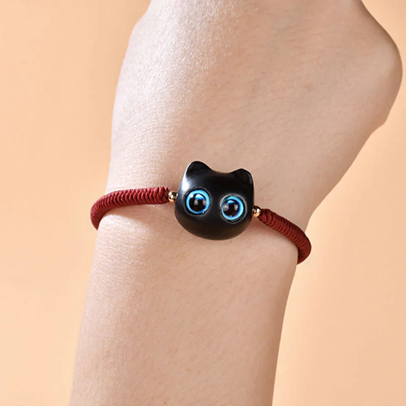 Ebony Wood Cat Head Pattern Peace King Kong Knot Braided Bracelet