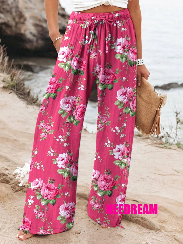 Womens Elegant Rose Pattern Cotton and Linen Wide Leg Casual Pants