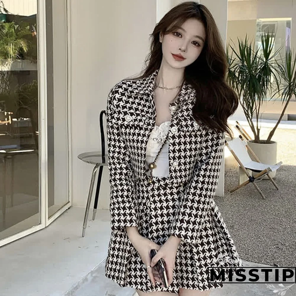 Chic Houndstooth Print Crop Blazer Jacket Pleated Skirt