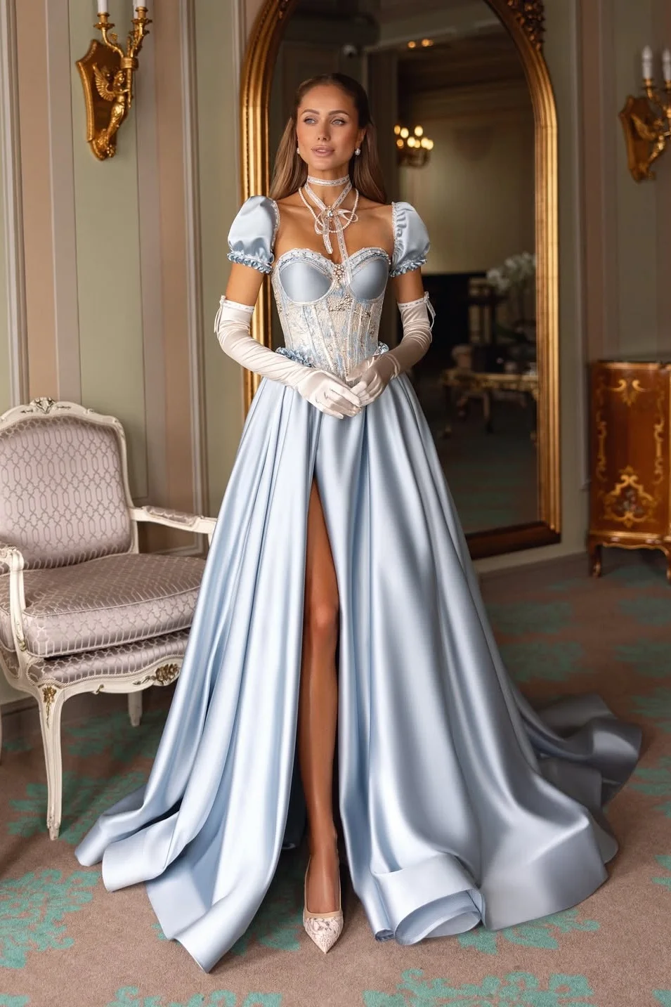 Daisda Patrician Sweetheart A-Line Split Prom Dress With Gloves