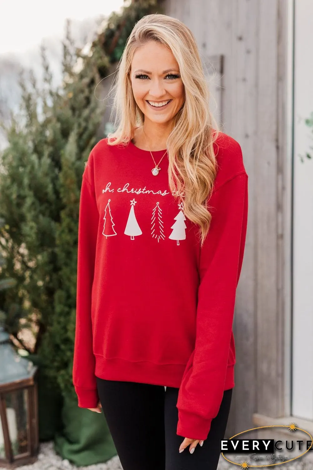 Red Christmas Tree Letter Graphic Print Long Sleeve Sweatshirt