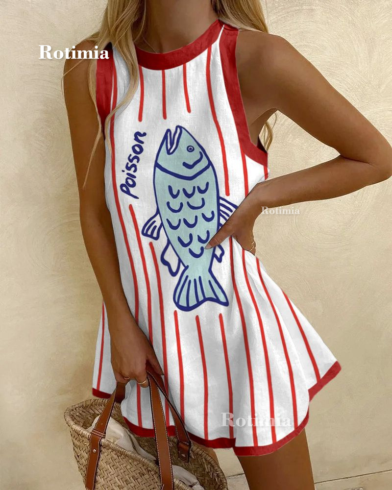 Striped Fish Print Sleeveless Mini Dress