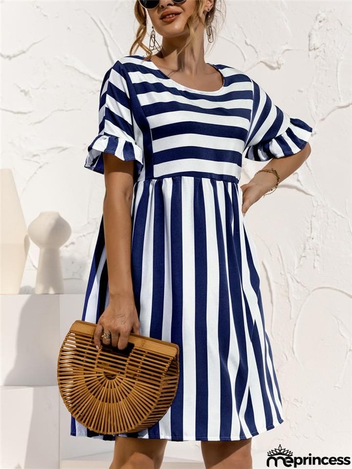 Relaxed Fit Round Neck Striped Ruffled Short Sleeve Flare Midi Dress