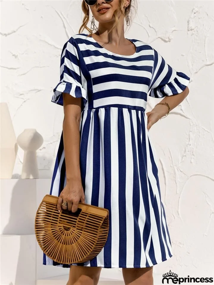 Relaxed Fit Round Neck Striped Ruffled Short Sleeve Flare Midi Dress