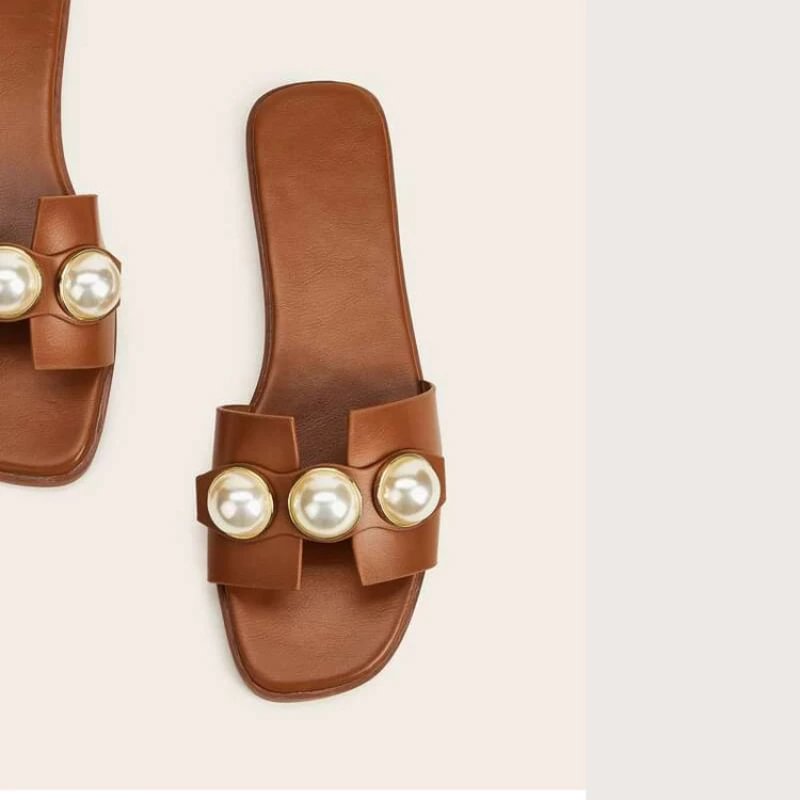 Qengg New Women's Slippers Fashion Casual Pearl Solid Color Flats Simple Outdoor Comfort Soft Sole Beach Sandals Sandalias Femininas