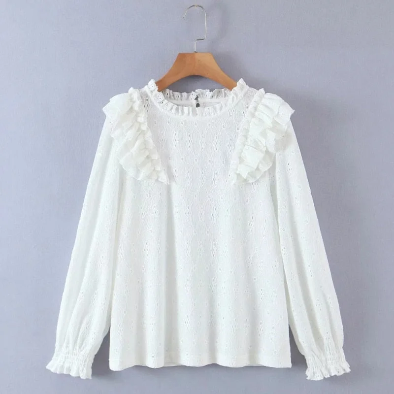 Spring Women Cascading Ruffle Jacquard White Shirt Female O Neck Long Sleeve Blouse Casual Lady Loose Tops Blusas S8660