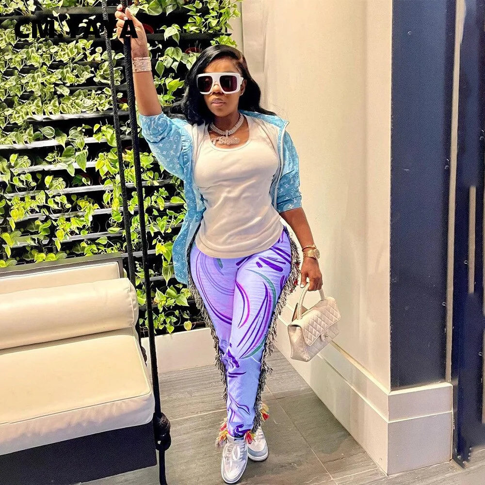 CM.YAYA Autumn Spring Women Pants High Waist Activewear Pencil Trousers Sporty Print Tassel Jogger Pants Sweatpants