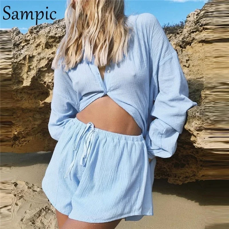 Sampic Casual Women Cotton Linen Tracksuit Summer Shorts Set Long Sleeve Loose Shirt Tops And Mini Shorts Suit Two Piece Set