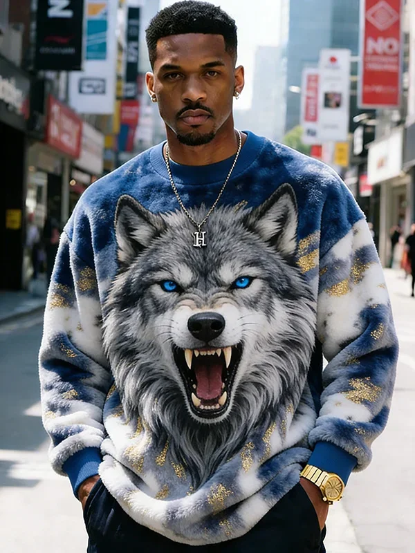 Men's Viking Wolf Print Casual Flannel Sweatshirt