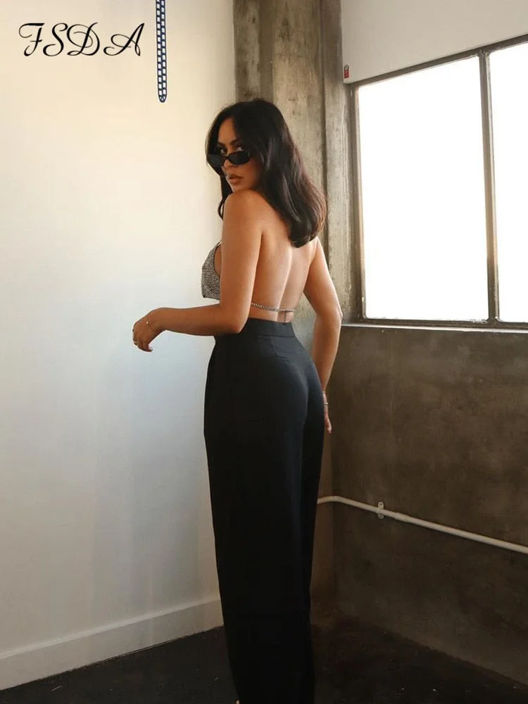 2022 V Neck Diamond Crop Top Women Spaghetti Strap Backless Summer Sleeveless Cami Party Sexy Tank Tops Y2K Glitter