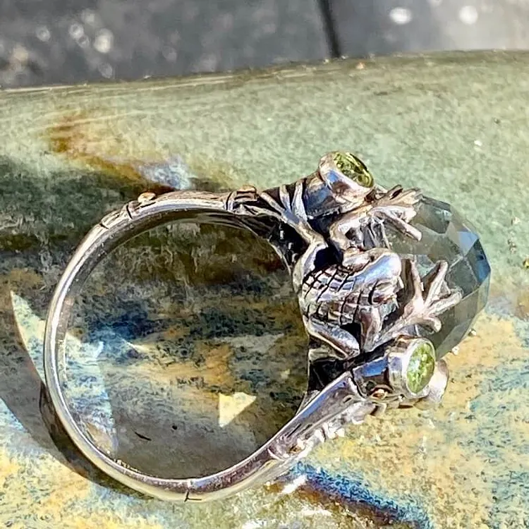 Quartz Crystal and Peridot Frog Ring in Sterling Silver 18K Gold Size 7
