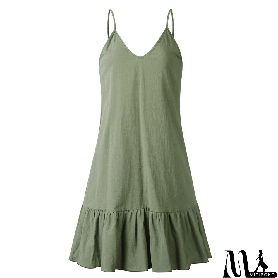 MidiSono - Loose Summer Dress Cotton Sexy White Halter V-neck Ruffled Women Casual Spaghetti Strap Mini beach clothes for women