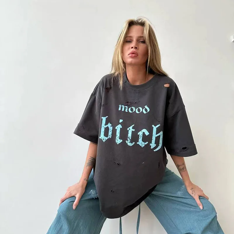 Athvotar Athvotar Do Old Water Washing Letter Design Printing Short-Sleeved Women's Spring And Summer Loose Round-Neck T-Shirt Lazy Wind