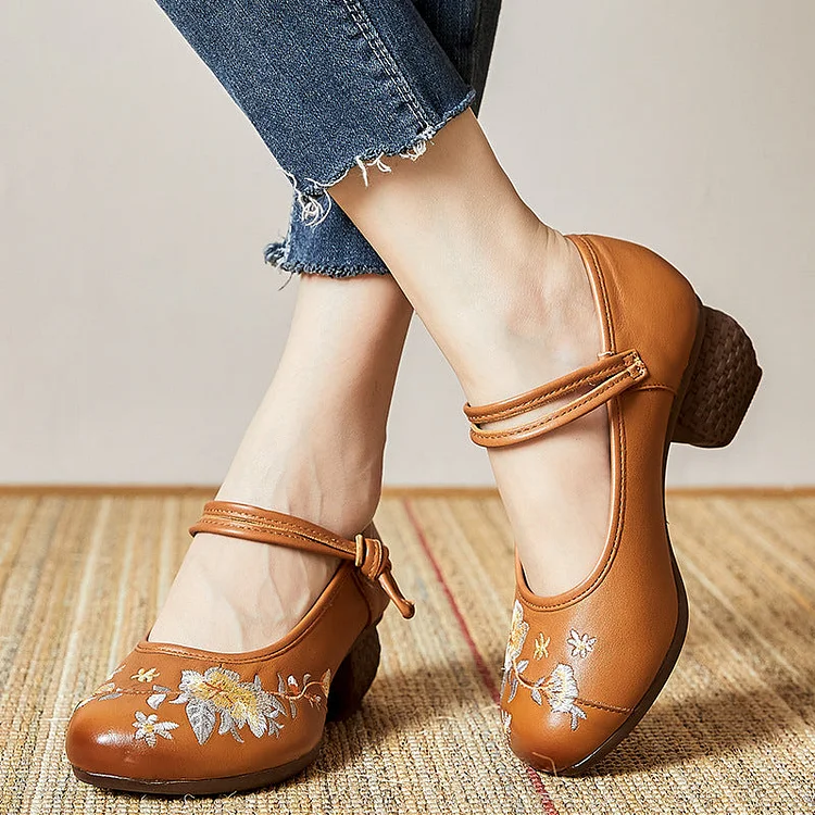 Autumn Leather Retro FlowerPump Casual Shoes
