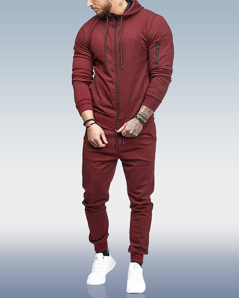 Men's Wine Red Sports Zipper Decoration Fitness and Leisure Two-piece Set