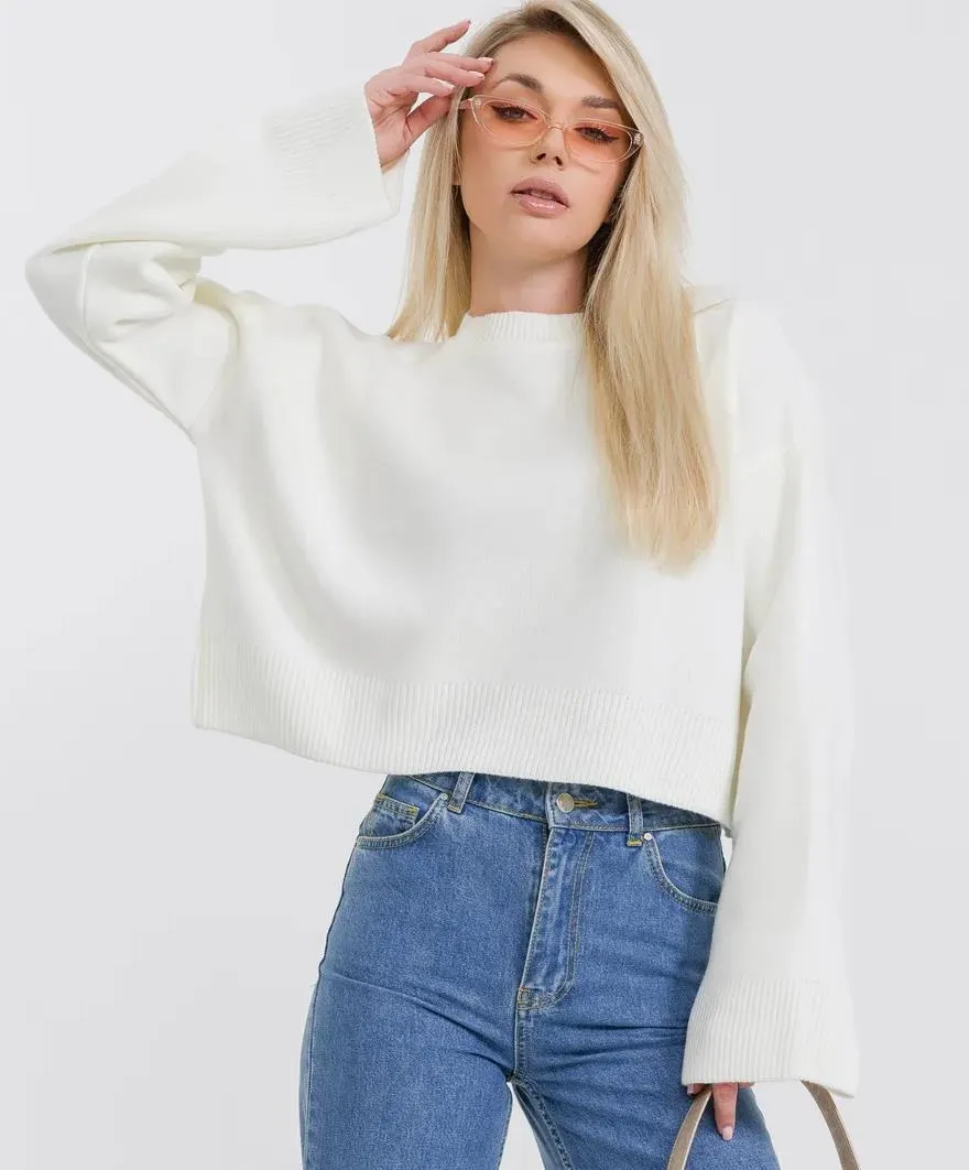 Women Crew Neck Cropped Knit Sweater
