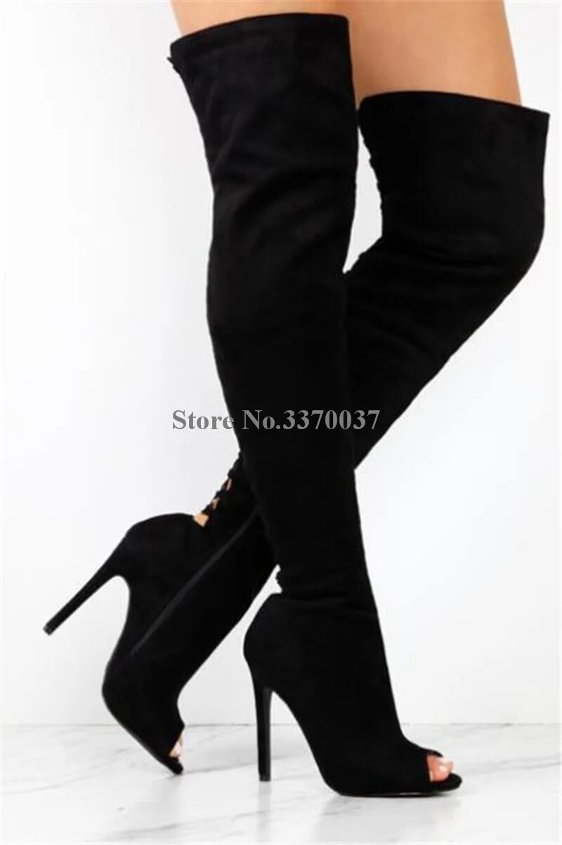 VCSHOES Women Open Toe Black Suede Leather Over Knee Gladiator Boots Cut-out High Heel Thigh Long Boots