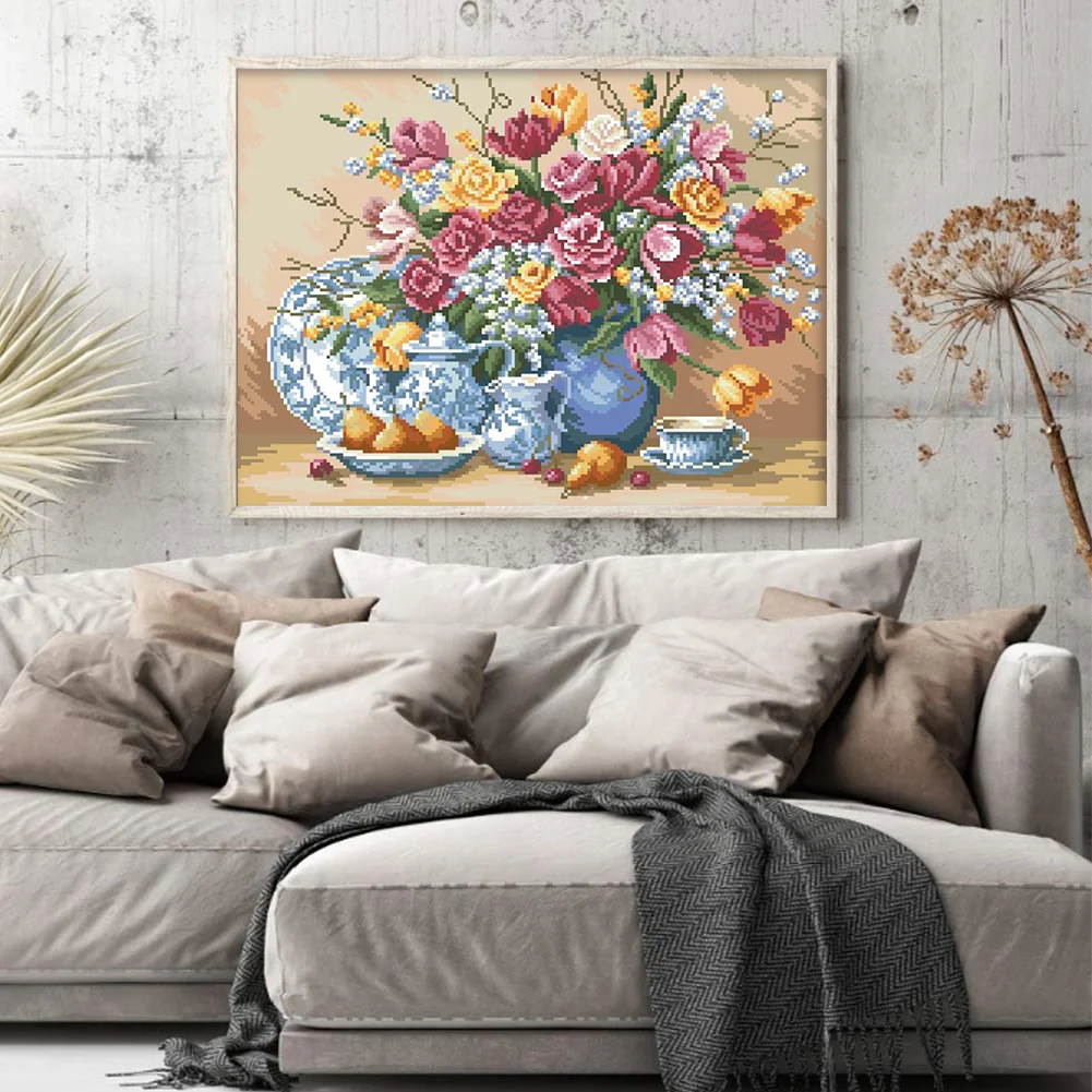 9CT Full Stamped Cross Stitch Bead Embroidery- Flower(Canvas|51*40CM)