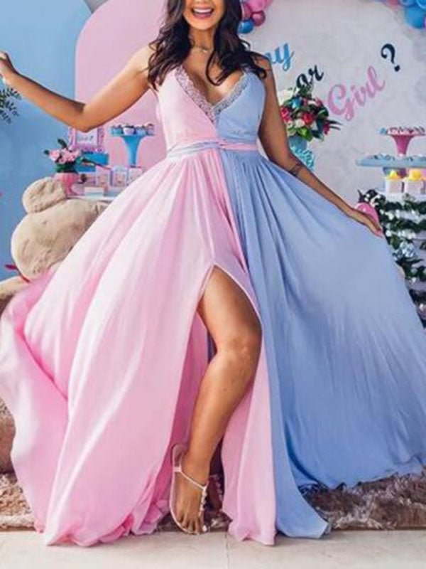 Patchwork Lace Side Slit Gender Reveal Deep V-neck Gown Maxi Dress Birthday Party、shopify、sdecorshop