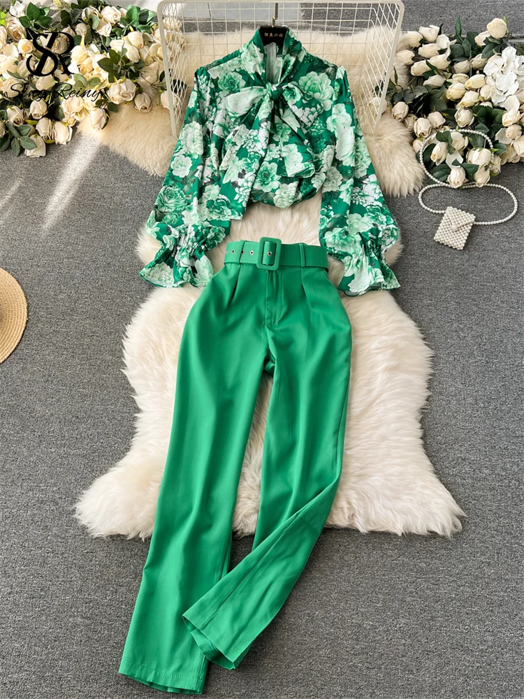 Huibahe Fashion Printed Suits Women Bow Collar Lantern Sleeve Floral Blouse+Belt Solid Long Pants Streetwear Senior Sets