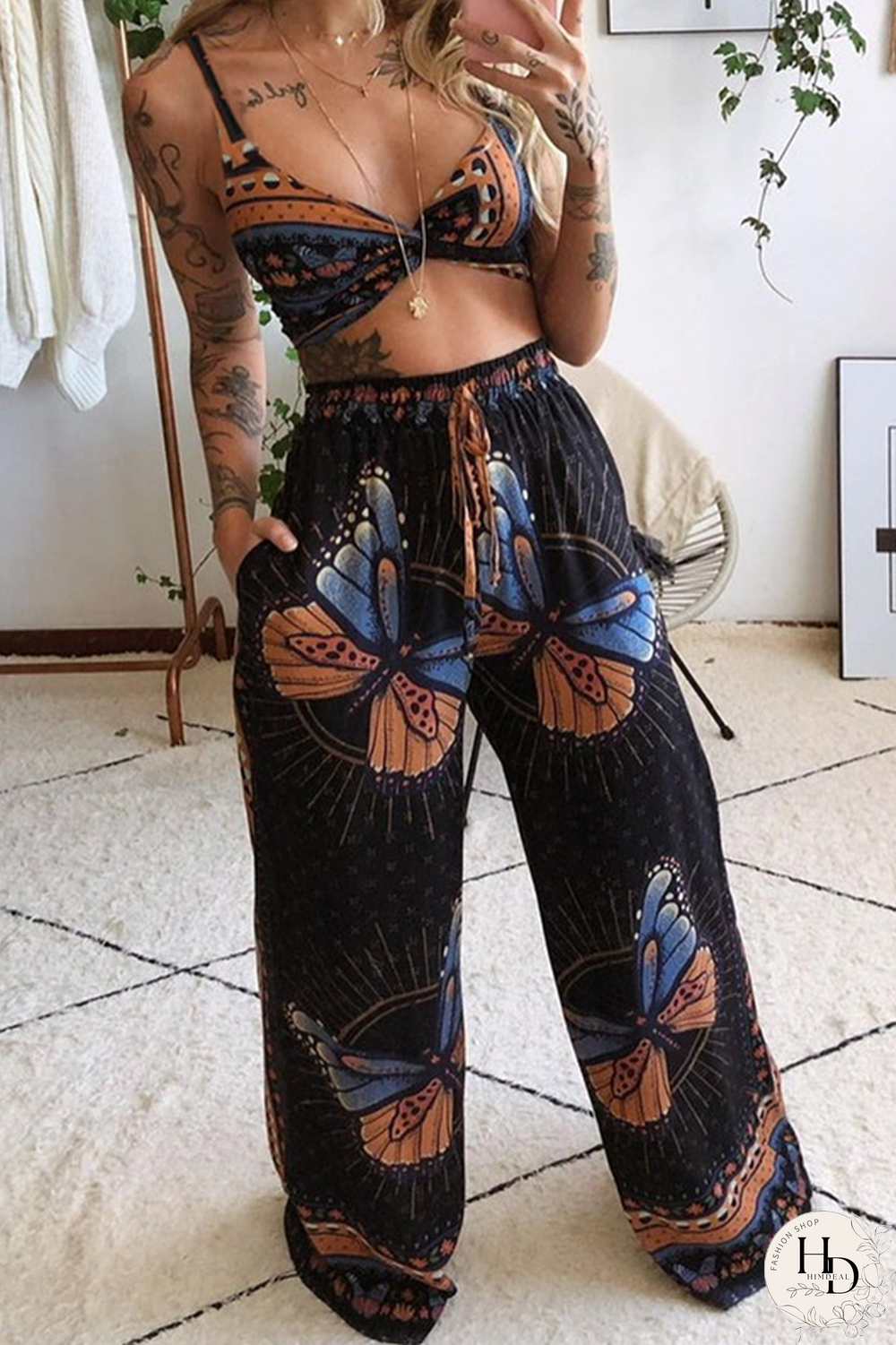 Black Sexy Print Split Joint Spaghetti Strap Sleeveless Two Pieces