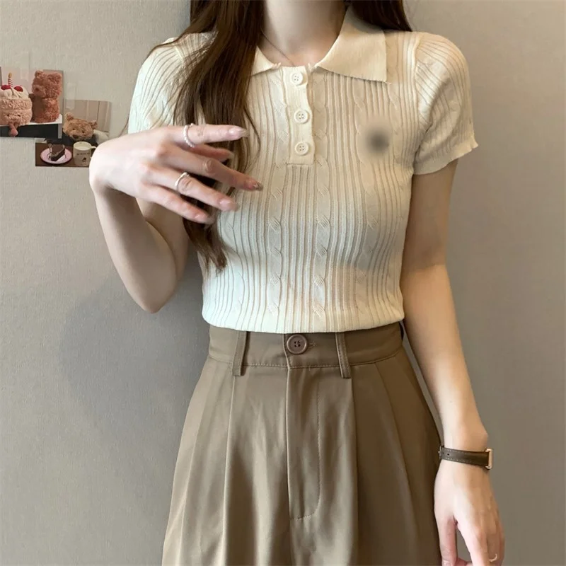 Uveng Uveng Collar Front Shoulder Short-Sleeved Knitted T-Shirt Girl Summer Design Small Sweet Hot Girl Exposed Umbilly Short Top