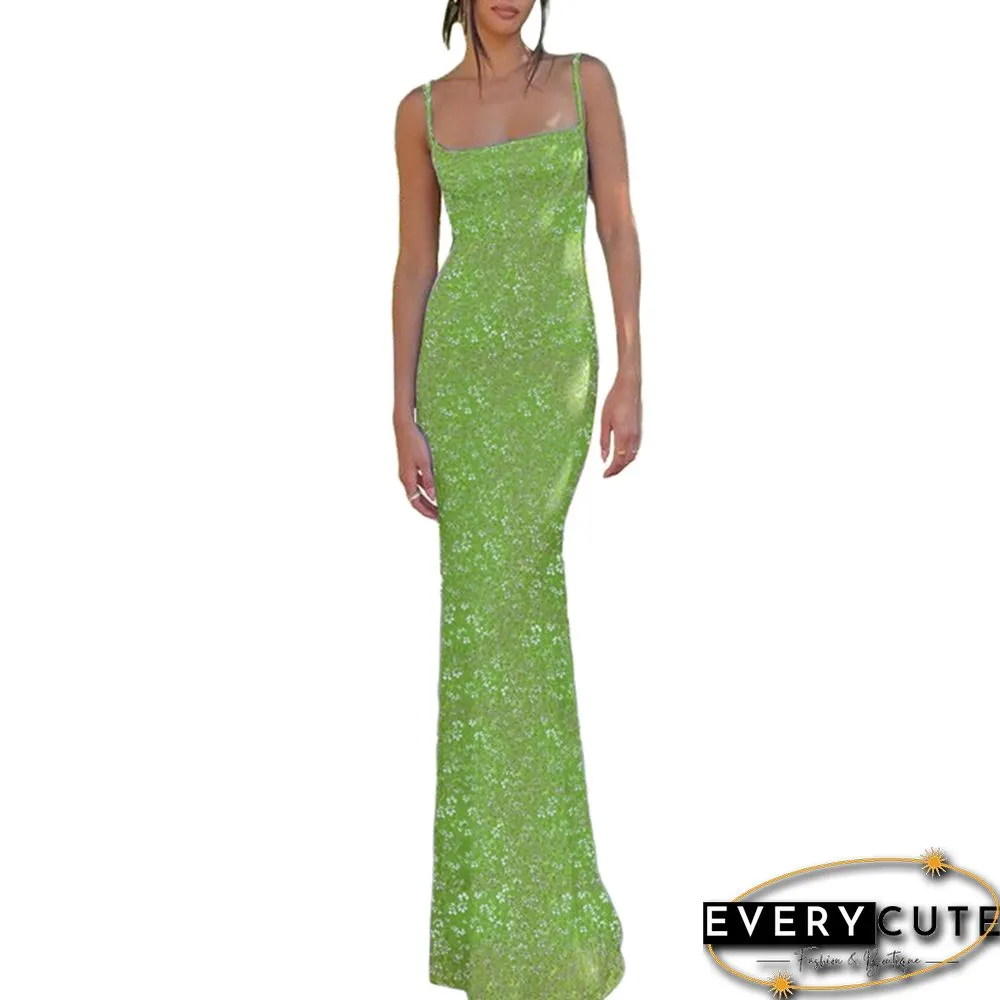 Green Backless Spaghetti Straps Floral Dress