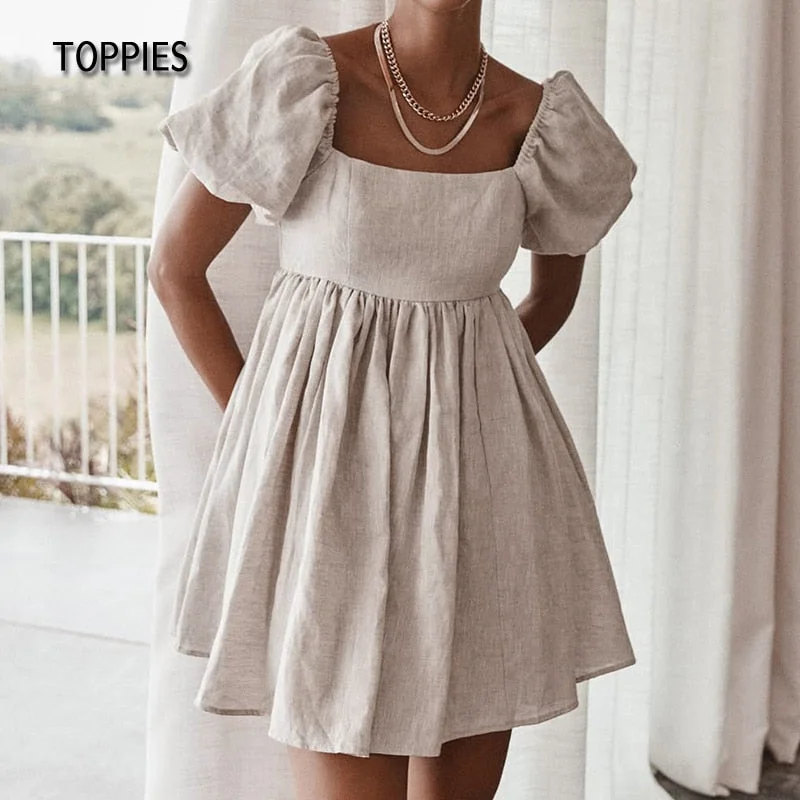 Toppies Summer Linen Dress Woman Vintage Puff Sleeve A Line Dresses High Waist Square Collar Mini Dress Khaki