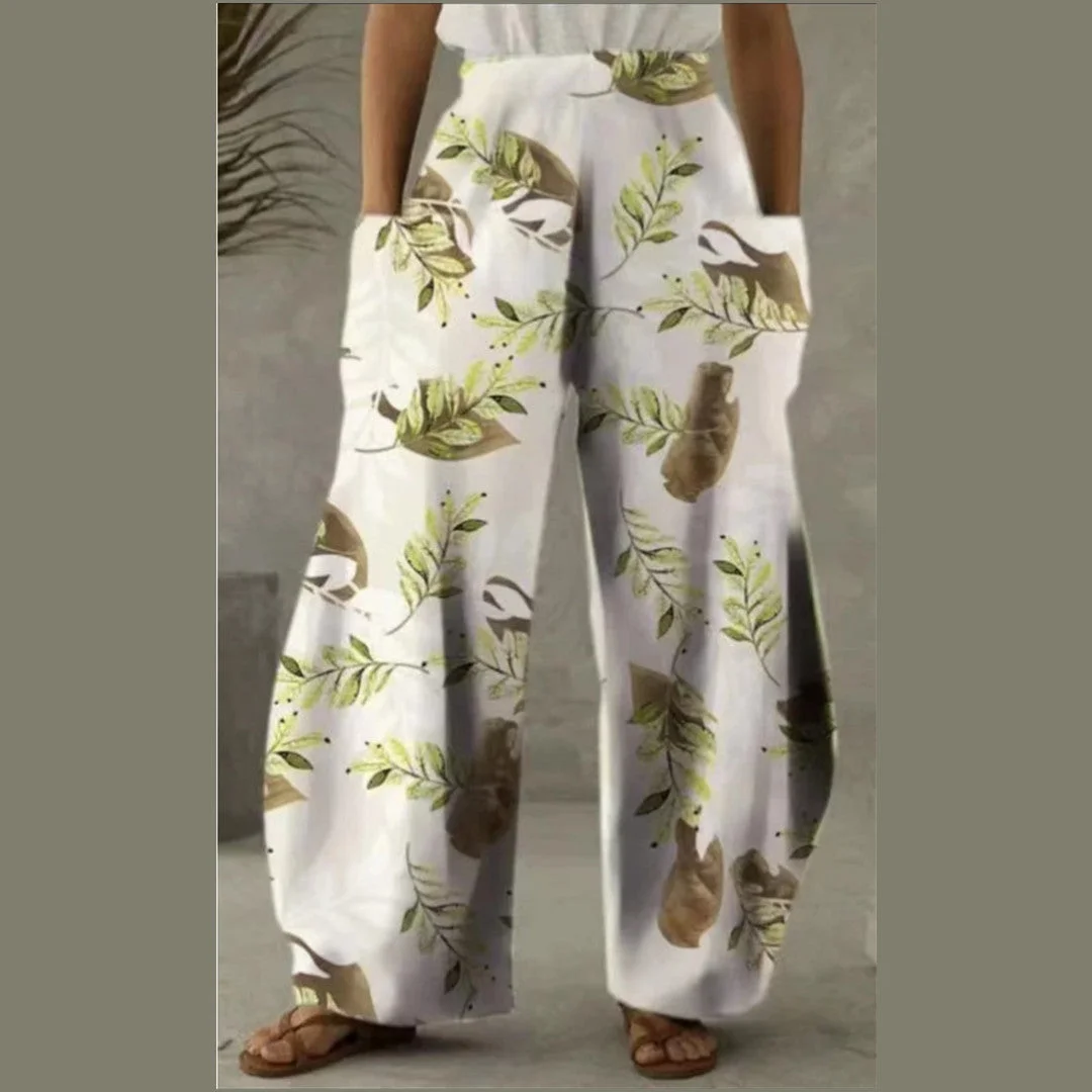 Women's Pant Pocket Mid Waist Flower Leaf Print Loose Casual Pants