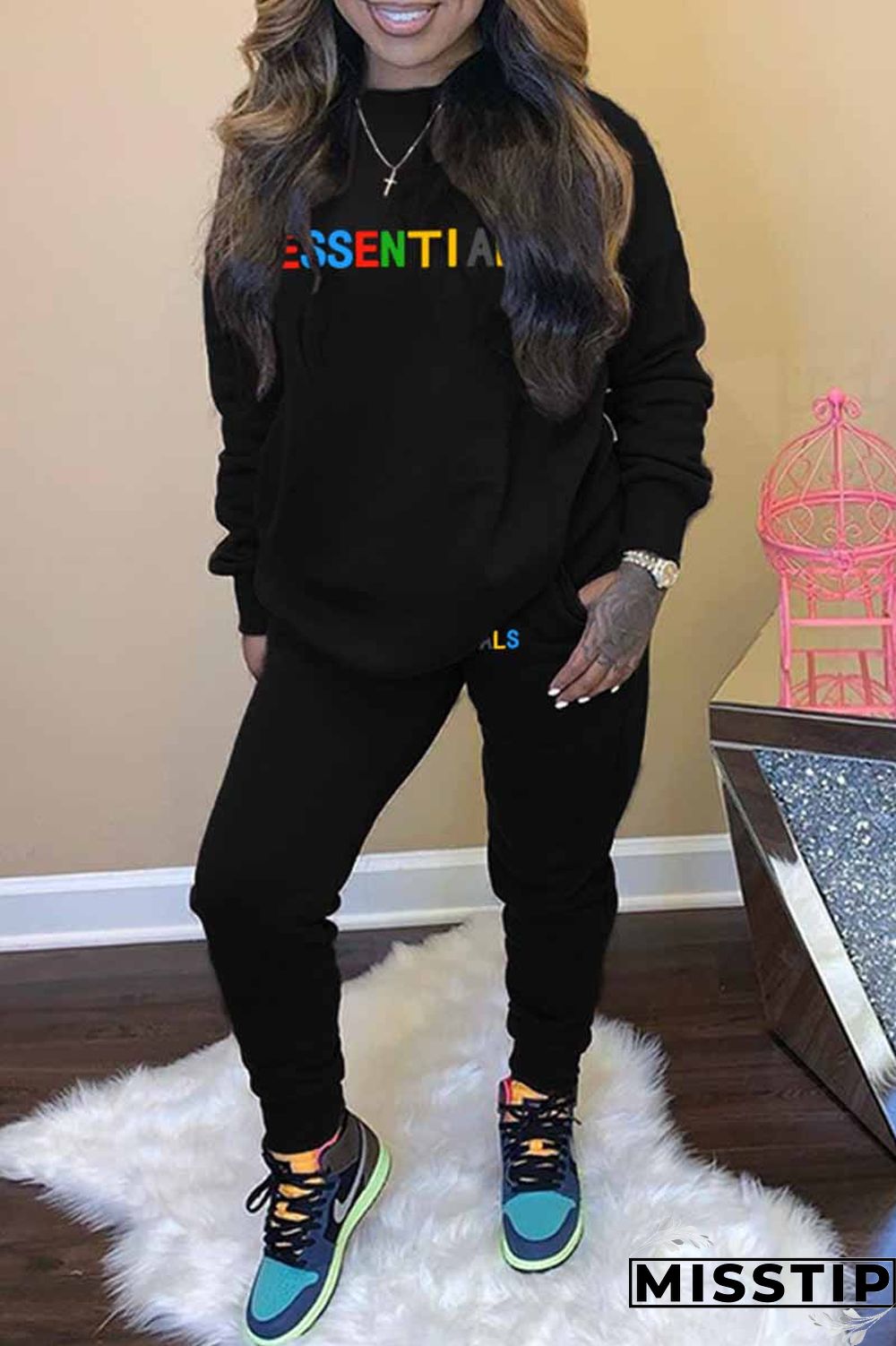 Black Casual Print Letter O Neck Long Sleeve Two Pieces