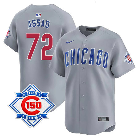 Men's Chicago Cubs #72 Javier Assad Grey Nike Road Vapor Limited 150th Anniversary Authentic Lettering Jersey