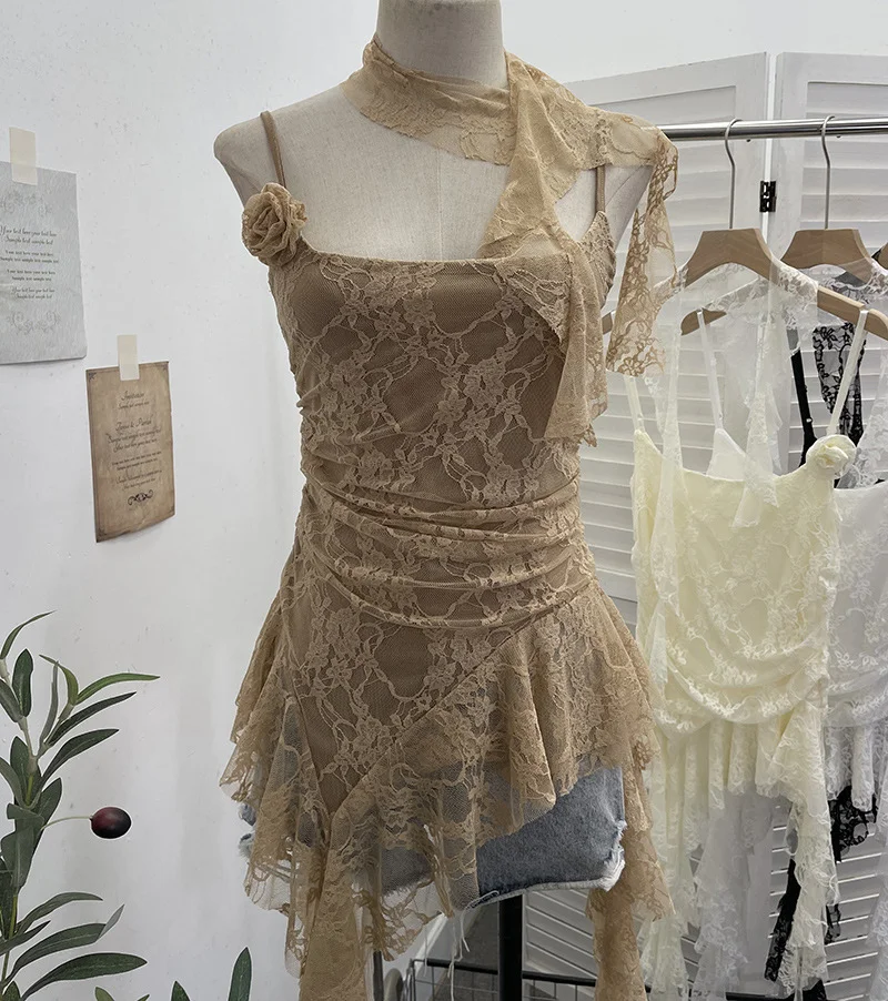 Nigikala Nigikala Shooting Lace Suspension Sheaf Vest Women's Summer Thin Irregular Lotus Leaf-Side Ribbon Slime Blouse 11851