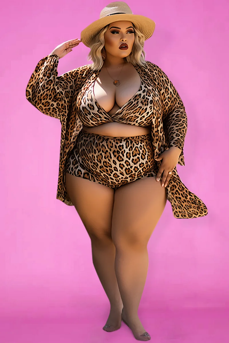 Xpluswear Design Plus Size Beach Brown Leopard V Neck Long Sleeve Swimsuit Fabric Three Pieces Swimsuit Cover Ups Set