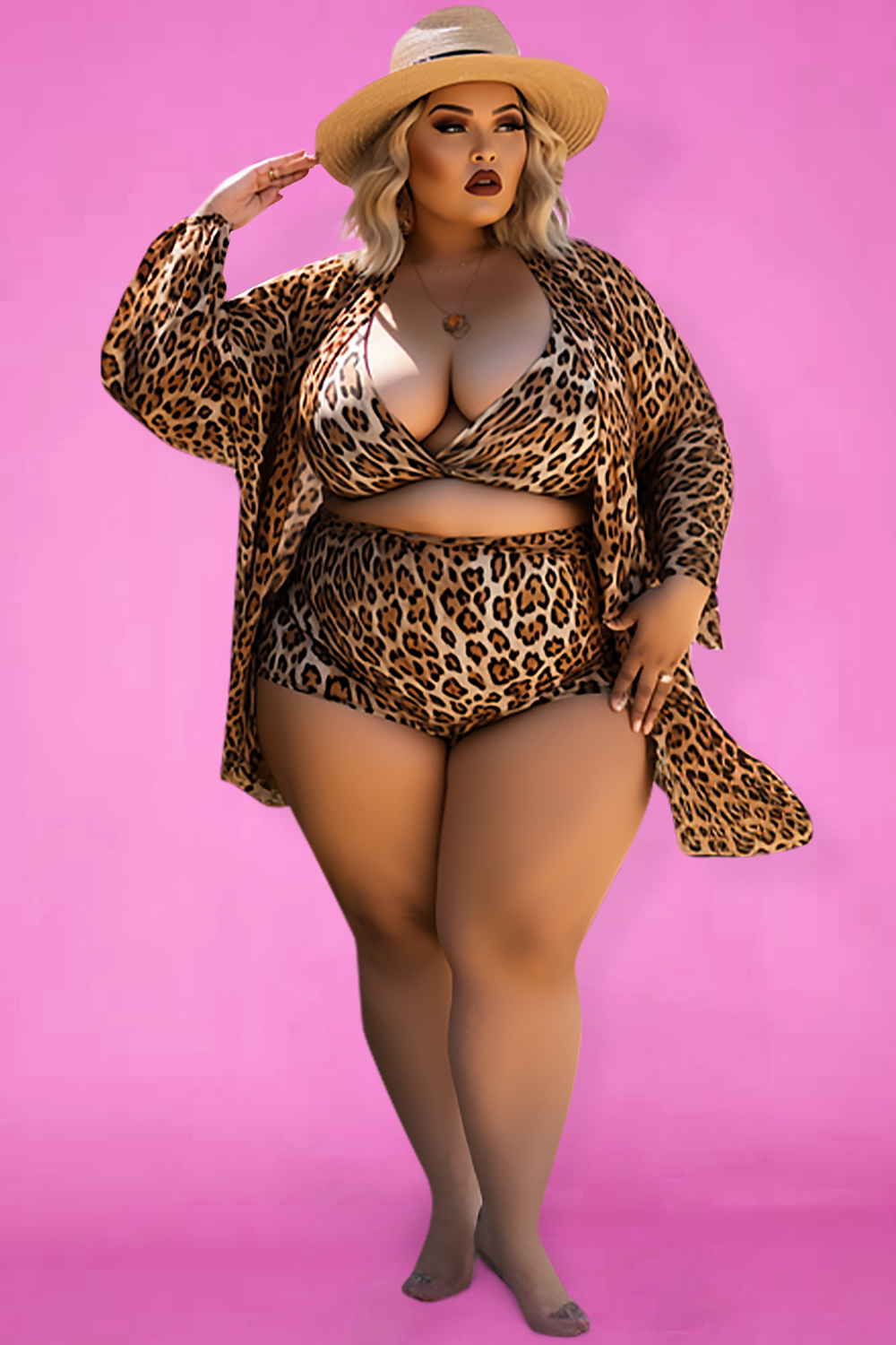 Design Plus Size Beach Brown Leopard V Neck Long Sleeve Swimsuit Fabric Three Pieces Swimsuit Cover Ups Set [Pre-Order]