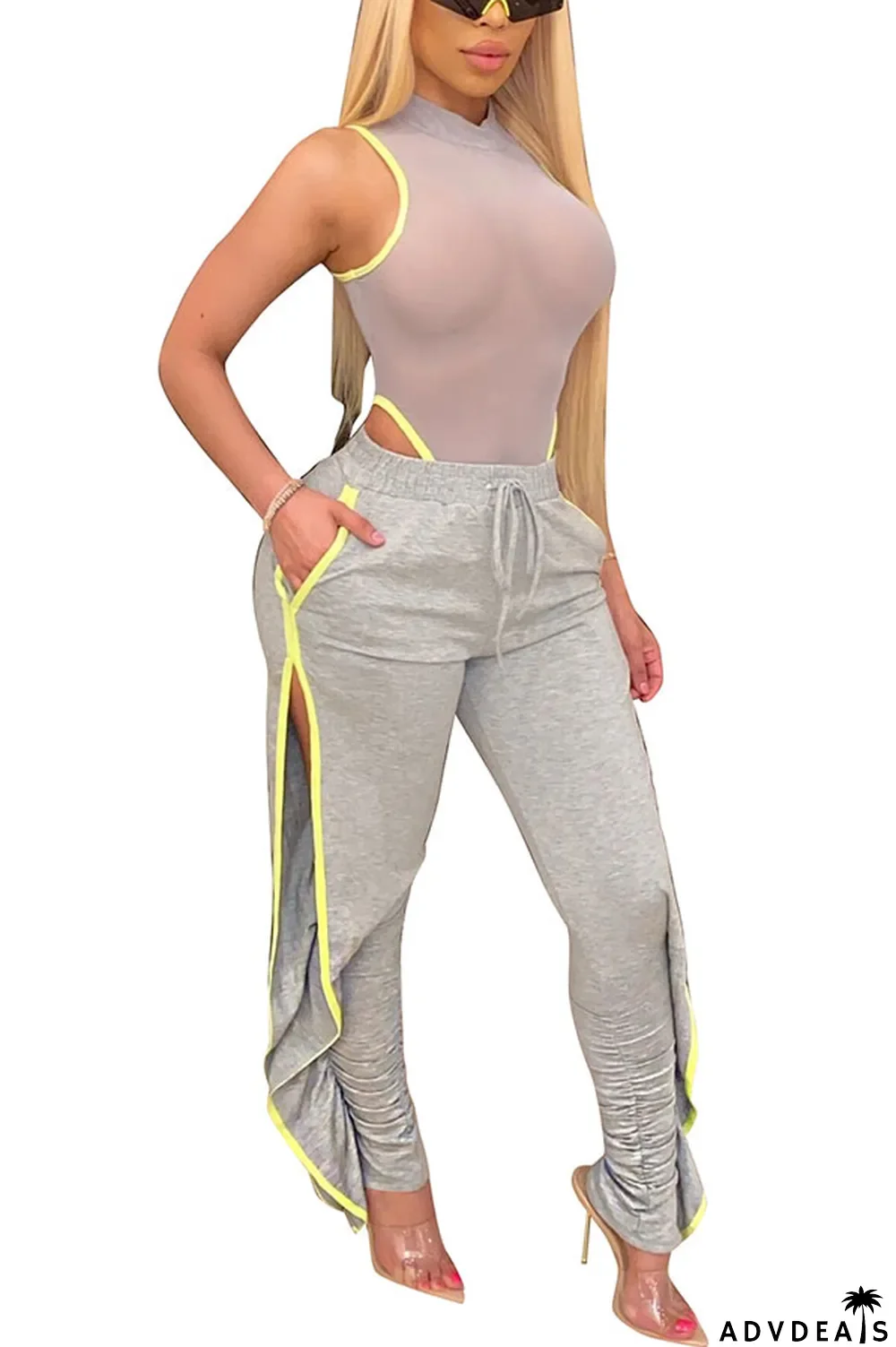 Grey Black Grey Blue Green Yellow Cotton Drawstring Sleeveless Mid Patchwork Solid Split Draped Straight Pants Bottoms