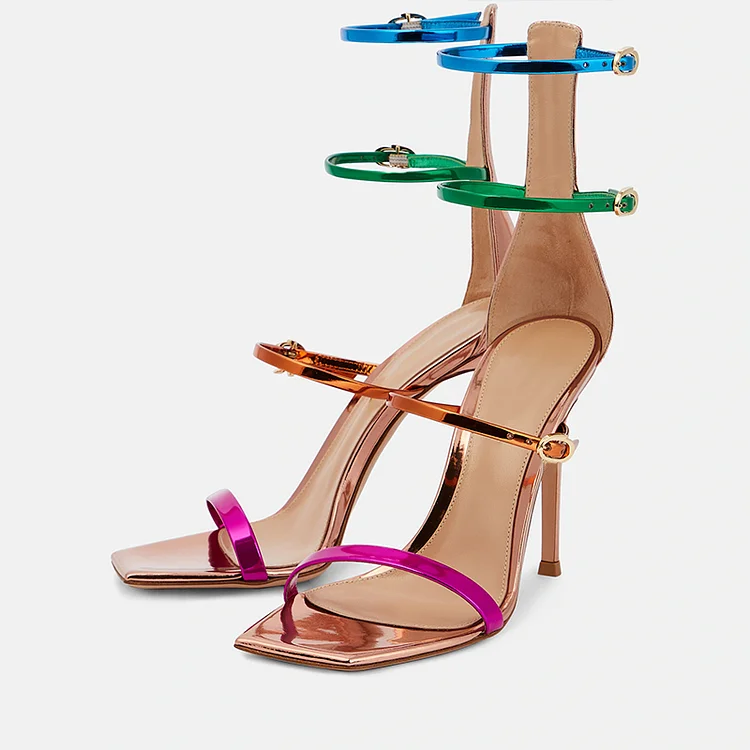 Multicolor Metallic Shoes Square Toe Multi-Strap High Heels Sandals |FSJ Shoes