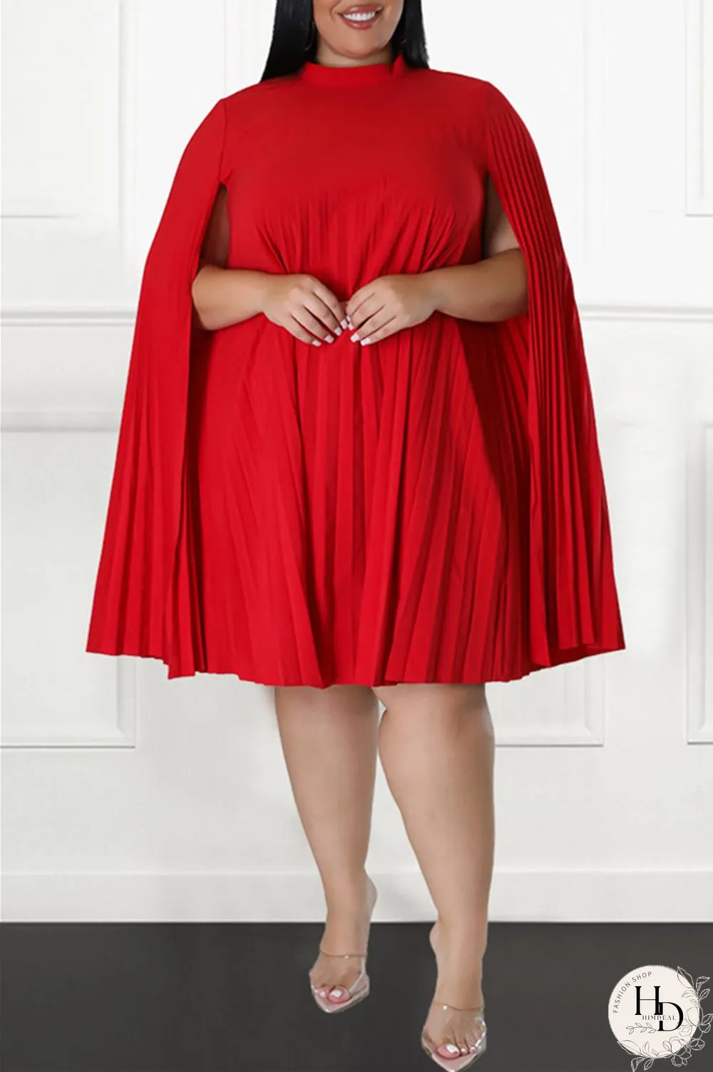 Red Casual Solid Patchwork Fold Half A Turtleneck Plus Size Dresses