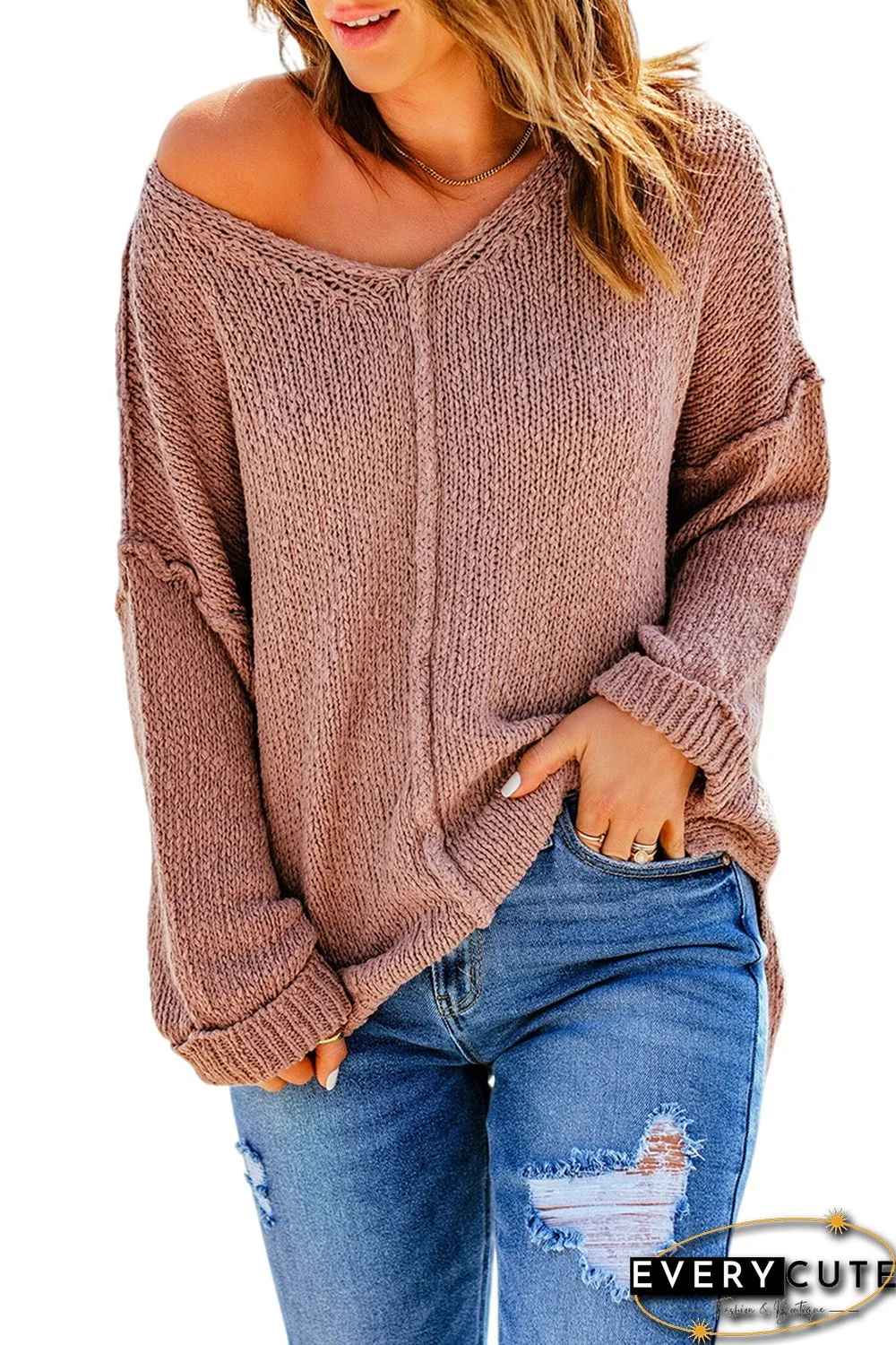 Pink Reverse Seam Detail Relaxed Pullover Sweater