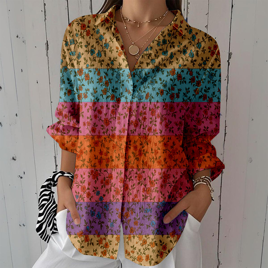 Women Long Sleeve V-neck Graphic Floral Printed Top