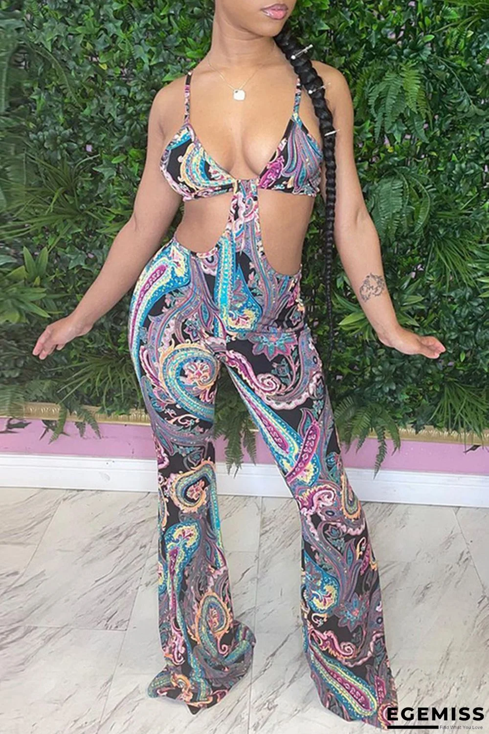 Multicolor Fashion Sexy Print Backless Spaghetti Strap Regular Jumpsuits | EGEMISS