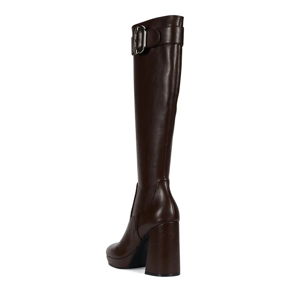 Brown Square Toe Chunky Heel Knee High Platform Boots with Buckle
