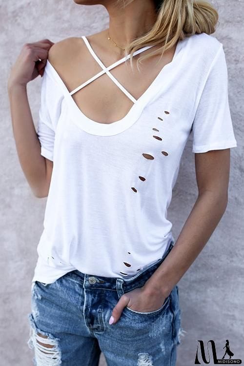 MidiSono - Cross Hollow Short sleeve T Shirt