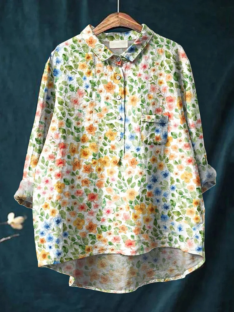 Women's Floral Art Print Casual Cotton And Linen Shirt