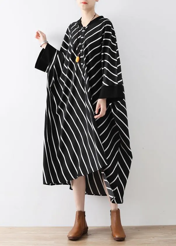 Natural black striped tunics for women v neck asymmetric loose Dress