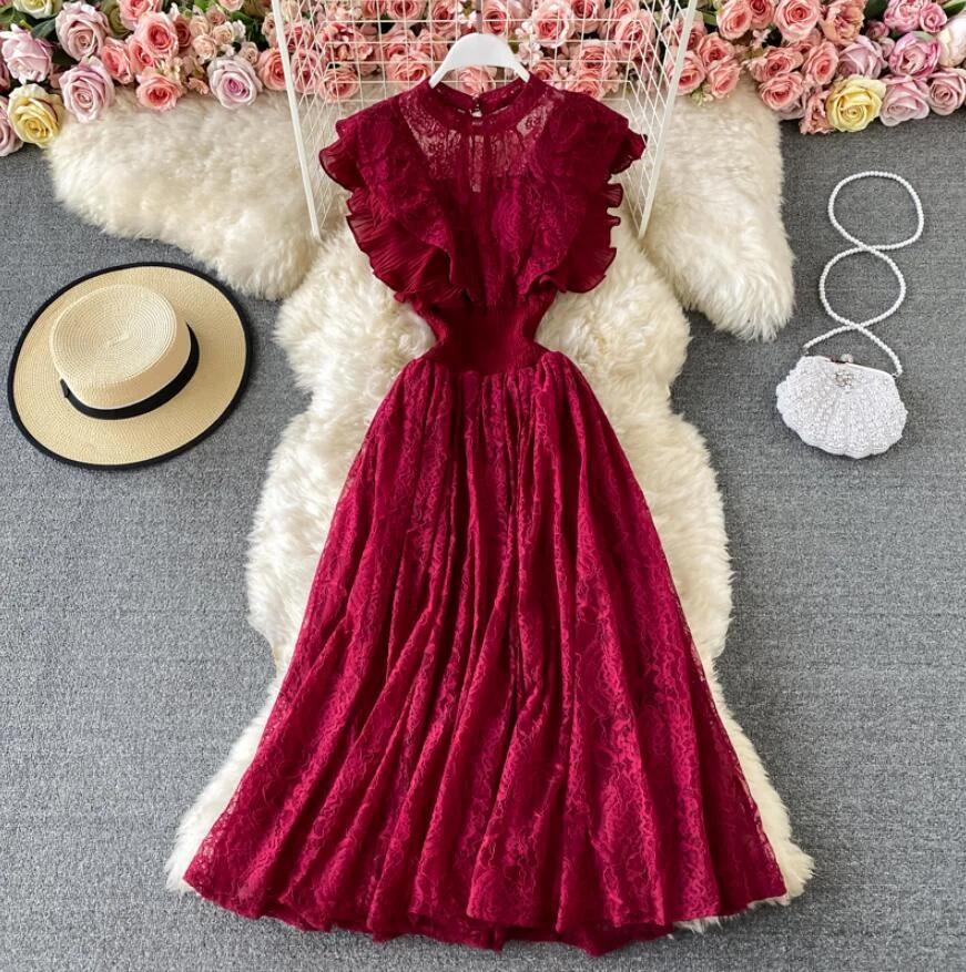 2021 Summer Dress Women Sleeveless O-neck Slim Lace Dresses High waist Lady Elegant Ruffle Long Dress Party Vestidos